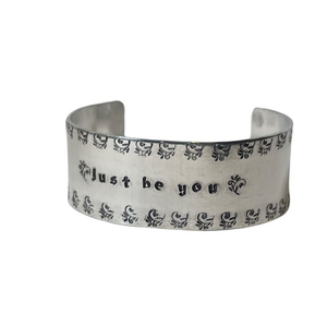 Handmade stamped floral border motivational silver adjustable wide cuff bracelet